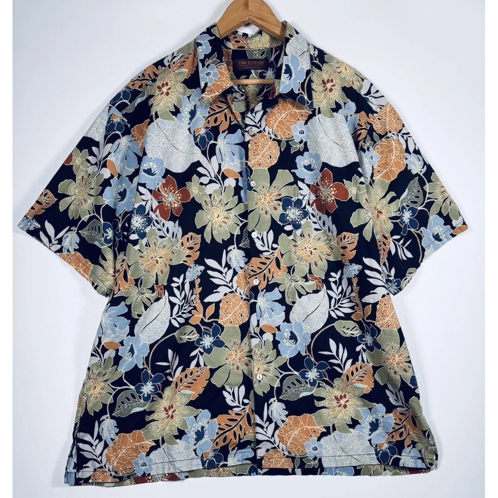 Tori Richard Hawaiian Shirt Mens 2XL Blue Floral Tropical Cotton Made in USA‎